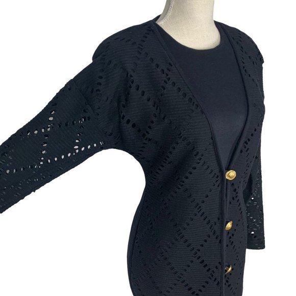 Vintage 90s Black Crochet Cardigan Long Sleeve Button Up Mini Dress Medium - Picture 3 of 8